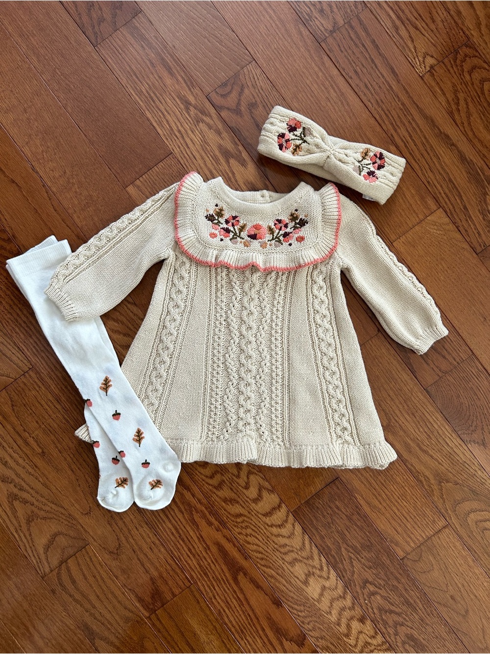 Cynthia Rowley Knit Floral Embroidered Baby Dress, Headband, Tights 3-6M